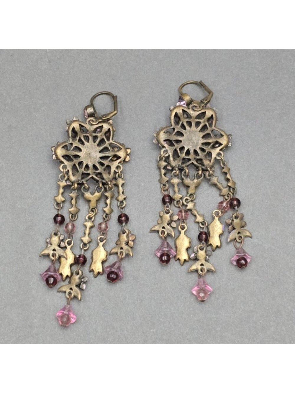 Vintage Michal Negrin Brass Dangle Earrings 4.75" Pastel Floral Crystal Drop - Picture 8 of 11